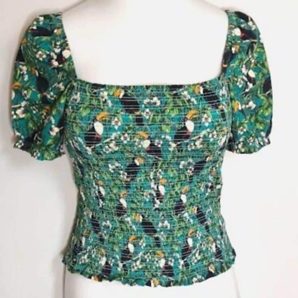 Anthropologie Dolan Left Coast Green Smocked Puffy Sleeve Tropical Print Top